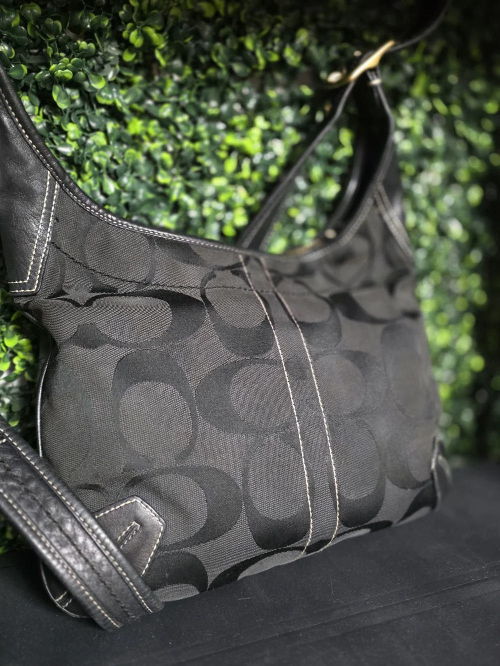 Vintage Coach Black Signature C Jacquard Hobo Shoulder Bag Leather Trim 10768